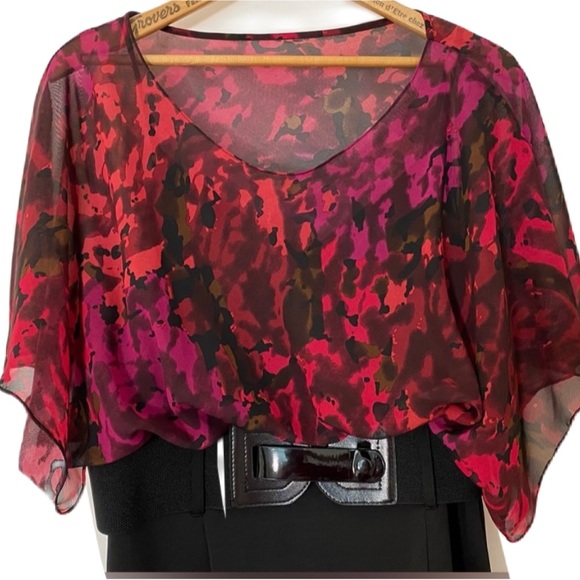 Robbie Bee vintage floral midi dress size 10 sheer overlay stretch belted pretty - Picture 3 of 10